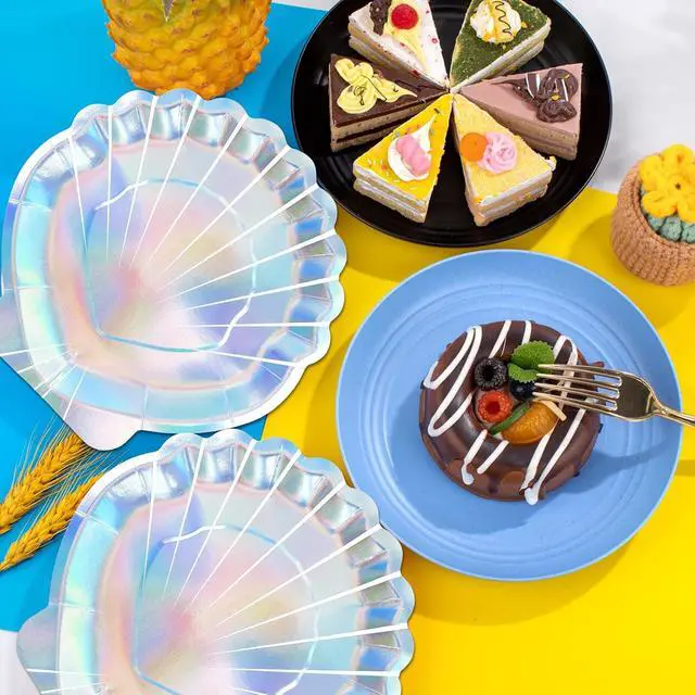 Alt view image 5 of 7 - 40 Pcs Iridescent Mermaid Plates and Napkins Party Supplies, Seashell Disposable Paper Plates and Napkins Tableware Set for Mermaid Baby Shower Birthday Party Decorations Serves 20