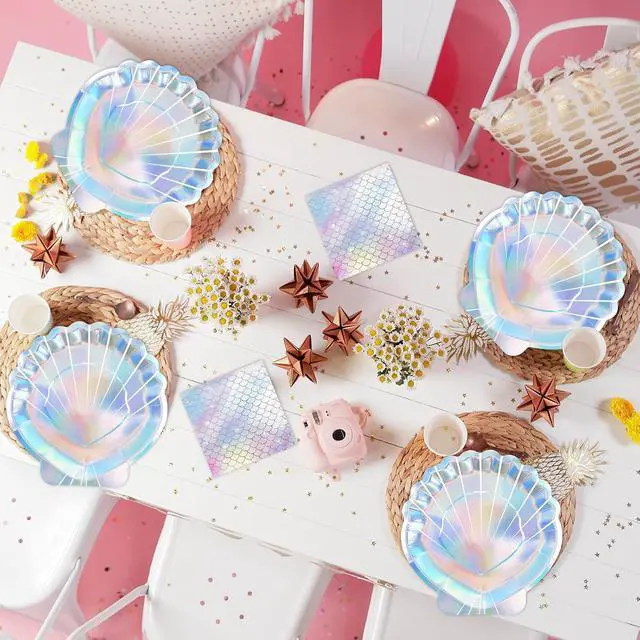 Alt view image 6 of 7 - 40 Pcs Iridescent Mermaid Plates and Napkins Party Supplies, Seashell Disposable Paper Plates and Napkins Tableware Set for Mermaid Baby Shower Birthday Party Decorations Serves 20