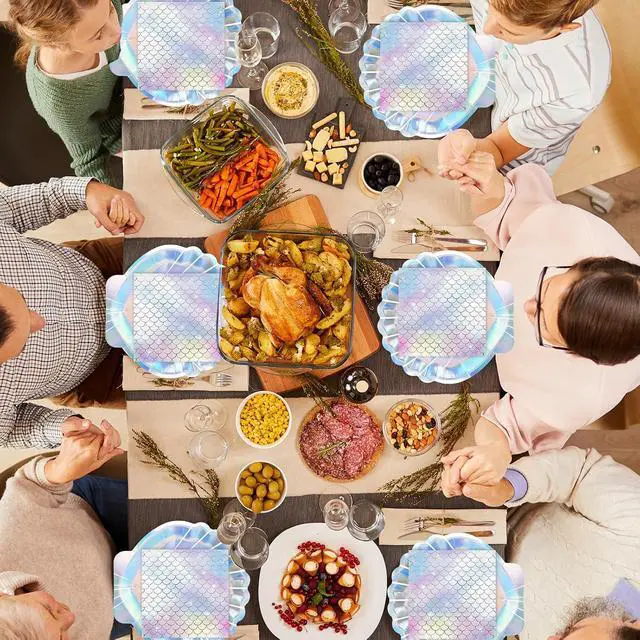 Alt view image 7 of 7 - 40 Pcs Iridescent Mermaid Plates and Napkins Party Supplies, Seashell Disposable Paper Plates and Napkins Tableware Set for Mermaid Baby Shower Birthday Party Decorations Serves 20