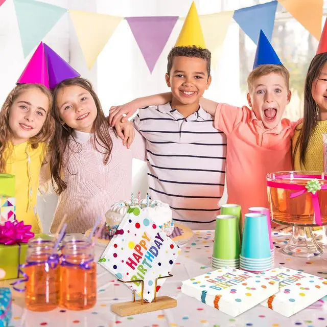 Alt view image 6 of 7 - 50PCS Happy Birthday Paper Napkins 13 x 13 Inches Luncheon Napkins Cocktail Napkins Disposable Colourful Dots Theme Decorations Supplies for Kids Birthday, Baby Shower Party