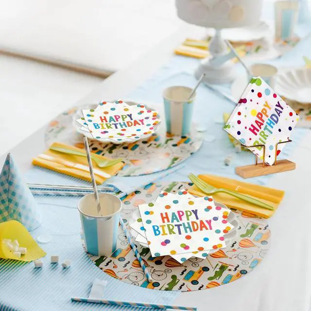 Alt view image 7 of 7 - 50PCS Happy Birthday Paper Napkins 13 x 13 Inches Luncheon Napkins Cocktail Napkins Disposable Colourful Dots Theme Decorations Supplies for Kids Birthday, Baby Shower Party