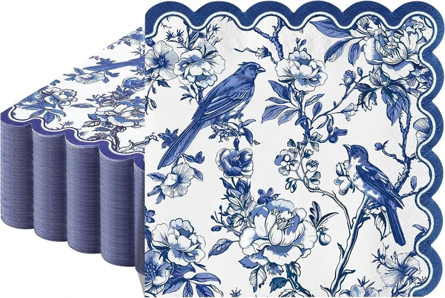 Main image of 100 Pcs Blue Floral Napkins, 5 x 5 In Scalloped Cocktail Napkins