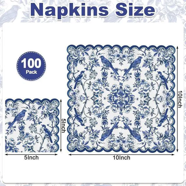 Alt view image 2 of 7 - 100 Pcs Blue Floral Napkins, 5 x 5 In Scalloped Cocktail Napkins
