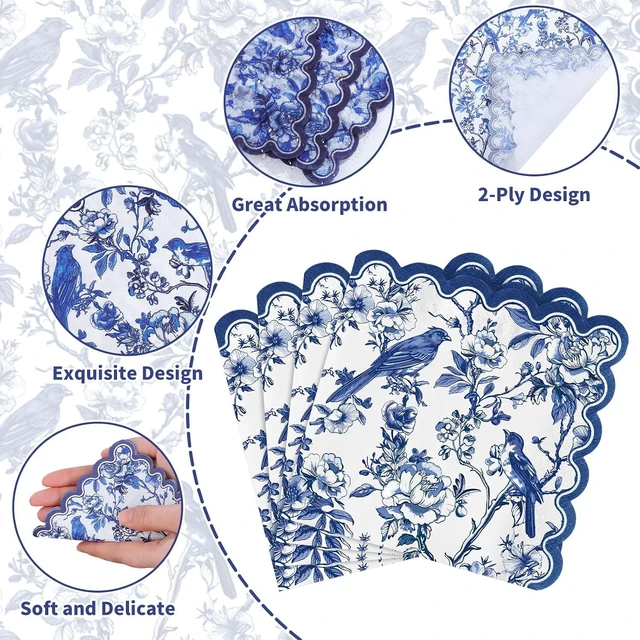 Alt view image 3 of 7 - 100 Pcs Blue Floral Napkins, 5 x 5 In Scalloped Cocktail Napkins