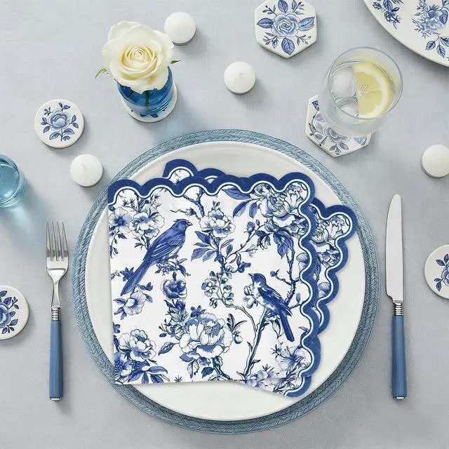 Alt view image 4 of 7 - 100 Pcs Blue Floral Napkins, 5 x 5 In Scalloped Cocktail Napkins
