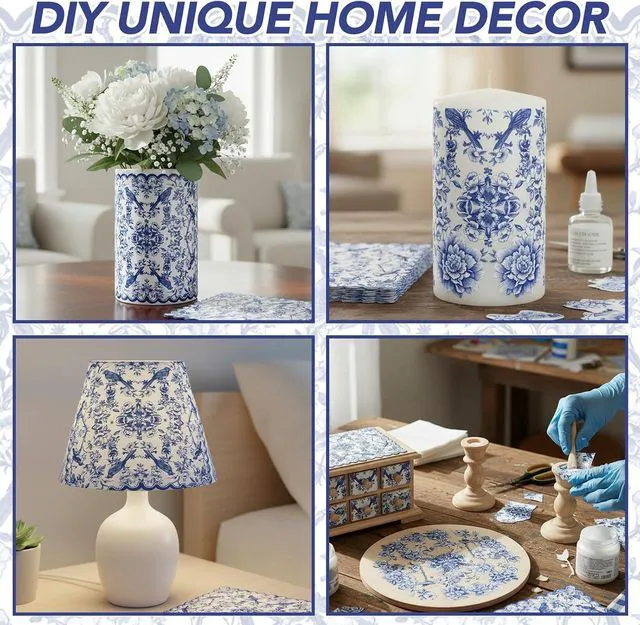 Alt view image 6 of 7 - 100 Pcs Blue Floral Napkins, 5 x 5 In Scalloped Cocktail Napkins