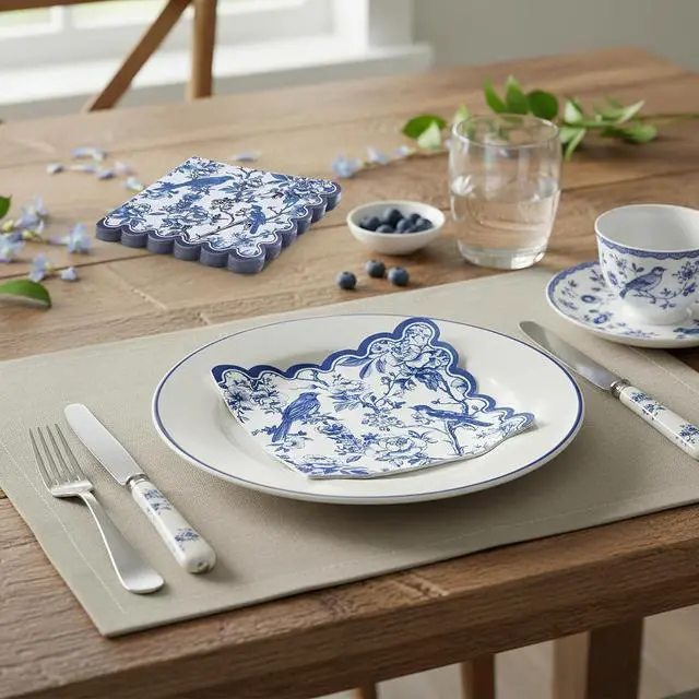 Alt view image 5 of 7 - 100 Pcs Blue Floral Napkins, 5 x 5 In Scalloped Cocktail Napkins