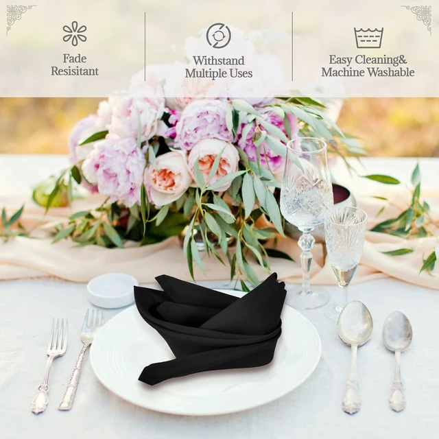 Alt view image 2 of 7 - Black Heavy Duty Polyester Napkins - 17 x 17 Inch Solid Washable Cloth Dinner Napkins - Set of 8 Napkins with Hemmed Edges - Great for Weddings, Parties, Banquets, Halloween, Thanksgiving