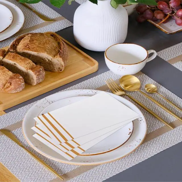 Alt view image 2 of 7 - Napkins Disposable Paper Napkins 50 Pack Paper Hand Towels Absorbent Dinner Napkins White and Gold Napkin Guest Towels Tissue Party Napkin for Bathroom Dinner Wedding Kitchen Party Event Decorative