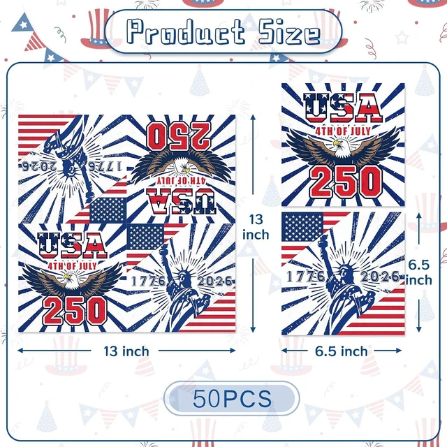 Alt view image 2 of 7 - 50 PCS 250th Anniversary Disposable Napkins, 4th of July American Flag Patriotic Paper Napkins for Independence, 1776-2026 Anniversary Patriotic Party Supplies Set with USA Eagle & Flag