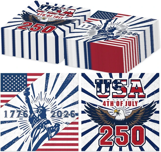 Main image of 50 PCS 250th Anniversary Disposable Napkins, 4th of July American Flag Patriotic Paper Napkins for Independence, 1776-2026 Anniversary Patriotic Party Supplies Set with USA Eagle & Flag