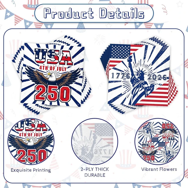Alt view image 3 of 7 - 50 PCS 250th Anniversary Disposable Napkins, 4th of July American Flag Patriotic Paper Napkins for Independence, 1776-2026 Anniversary Patriotic Party Supplies Set with USA Eagle & Flag