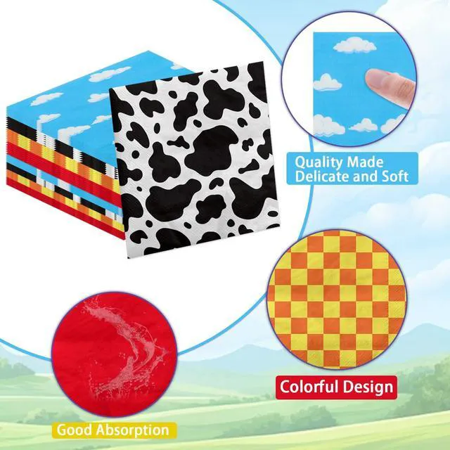 Alt view image 3 of 7 - Story Napkins Disposable Cow Pattern Printed Check Mix Color Paper Luncheon Napkins Set for Kids Birthday Party Baby Shower Party Supplies, 13'' x 13'' (100)