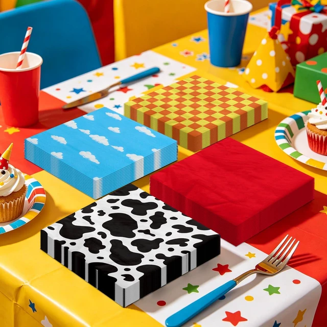 Alt view image 6 of 7 - Story Napkins Disposable Cow Pattern Printed Check Mix Color Paper Luncheon Napkins Set for Kids Birthday Party Baby Shower Party Supplies, 13'' x 13'' (100)