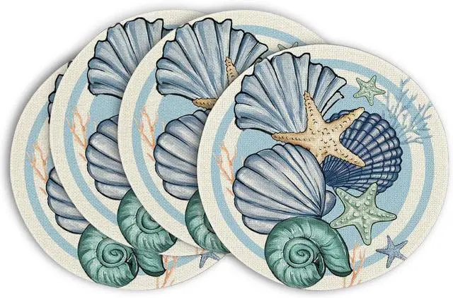 Main image of Sea Shell Starfish Round Summer Placemats Set of 4, 14 Inch Spring Round Table Mats for Dining Decoration