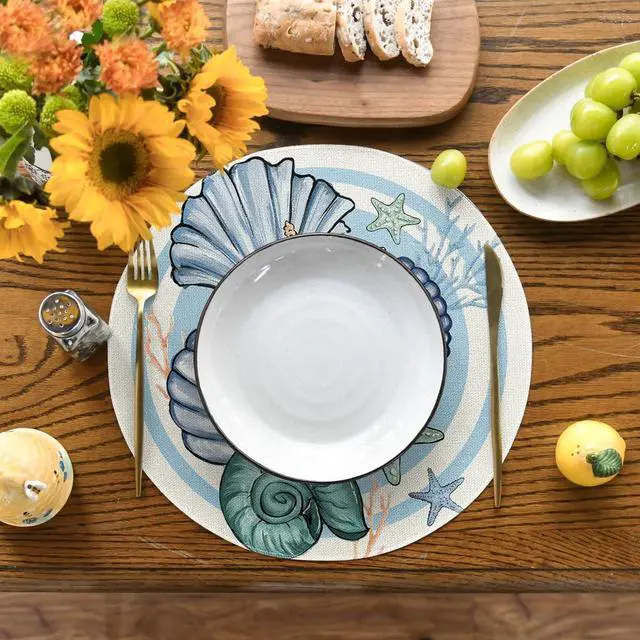 Alt view image 2 of 6 - Sea Shell Starfish Round Summer Placemats Set of 4, 14 Inch Spring Round Table Mats for Dining Decoration