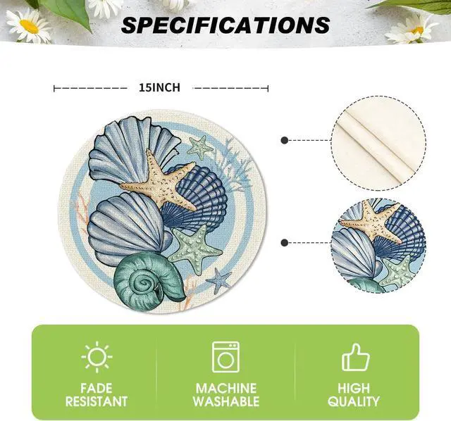 Alt view image 6 of 6 - Sea Shell Starfish Round Summer Placemats Set of 4, 14 Inch Spring Round Table Mats for Dining Decoration