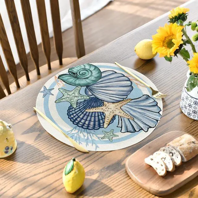 Alt view image 3 of 6 - Sea Shell Starfish Round Summer Placemats Set of 4, 14 Inch Spring Round Table Mats for Dining Decoration