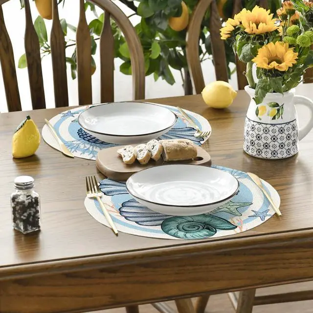 Alt view image 4 of 6 - Sea Shell Starfish Round Summer Placemats Set of 4, 14 Inch Spring Round Table Mats for Dining Decoration