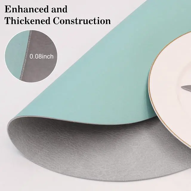 Alt view image 3 of 7 - Round Placemats Dual Sided, Faux Leather Place Mats Non-Slip Heat Stain Resistant Outdoor Table Mats Indoor Placemats for Kitchen Dining (Gray Blue, Set of 6)