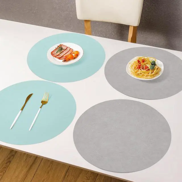 Alt view image 7 of 7 - Round Placemats Dual Sided, Faux Leather Place Mats Non-Slip Heat Stain Resistant Outdoor Table Mats Indoor Placemats for Kitchen Dining (Gray Blue, Set of 6)
