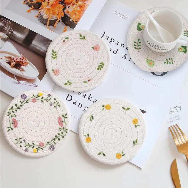 Alt view image 4 of 7 - 4 Pcs Bar Coasters for Drinks, Handmade Braided Woven Drink Coaster Set, Beermat Beverage Coaster 4.3 Non Slip Coasters, Fruit Printing