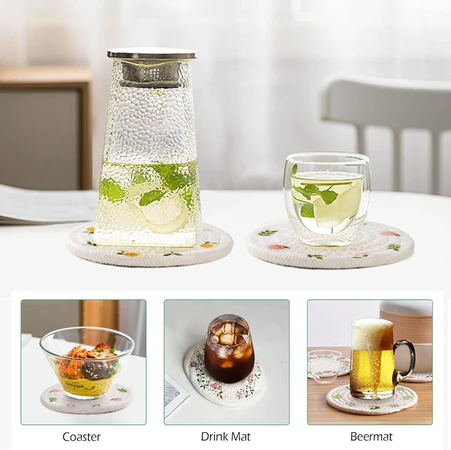 Alt view image 5 of 7 - 4 Pcs Bar Coasters for Drinks, Handmade Braided Woven Drink Coaster Set, Beermat Beverage Coaster 4.3 Non Slip Coasters, Fruit Printing