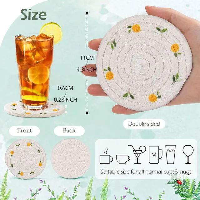 Alt view image 2 of 7 - 4 Pcs Bar Coasters for Drinks, Handmade Braided Woven Drink Coaster Set, Beermat Beverage Coaster 4.3 Non Slip Coasters, Fruit Printing