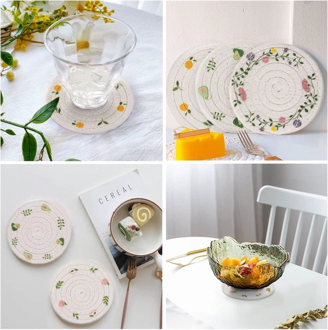 Alt view image 6 of 7 - 4 Pcs Bar Coasters for Drinks, Handmade Braided Woven Drink Coaster Set, Beermat Beverage Coaster 4.3 Non Slip Coasters, Fruit Printing