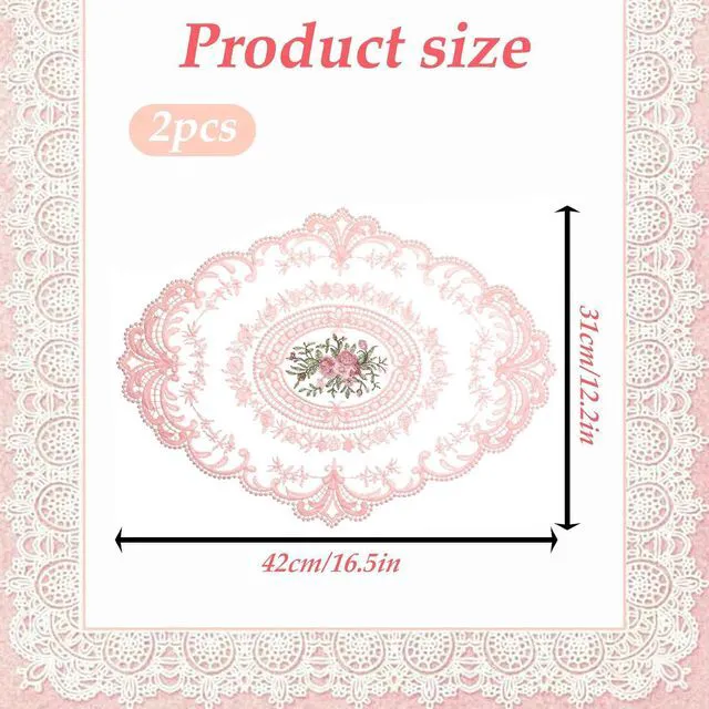 Alt view image 2 of 7 - 2Pcs Pink Retro Lace Placemats, 12'' x 16'' French Lace Doilies for Tables Oval Embroidered Table Place Mats Farmhouse Coasters Cup Mat for Wedding Home Table Decor (Pink)