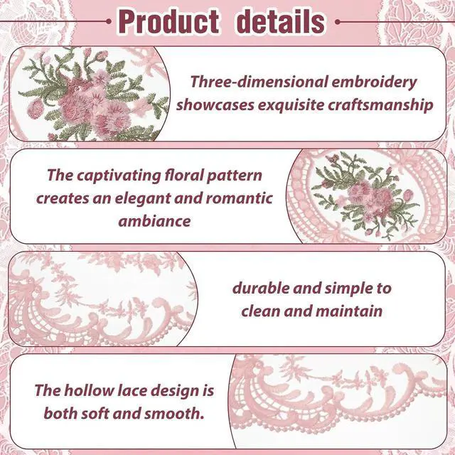Alt view image 3 of 7 - 2Pcs Pink Retro Lace Placemats, 12'' x 16'' French Lace Doilies for Tables Oval Embroidered Table Place Mats Farmhouse Coasters Cup Mat for Wedding Home Table Decor (Pink)