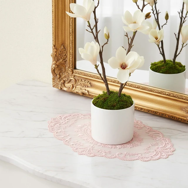 Alt view image 4 of 7 - 2Pcs Pink Retro Lace Placemats, 12'' x 16'' French Lace Doilies for Tables Oval Embroidered Table Place Mats Farmhouse Coasters Cup Mat for Wedding Home Table Decor (Pink)