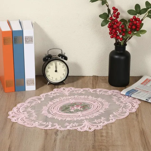 Alt view image 5 of 7 - 2Pcs Pink Retro Lace Placemats, 12'' x 16'' French Lace Doilies for Tables Oval Embroidered Table Place Mats Farmhouse Coasters Cup Mat for Wedding Home Table Decor (Pink)