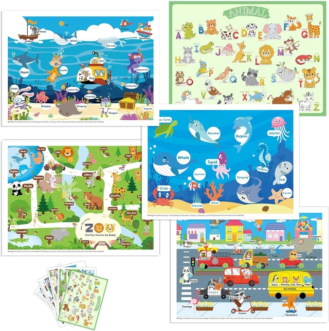Main image of Disposable Placemats for Baby Toddlers, Plastic Sticky Table Mats Babies for Restaurants, Parties, Preschool& Dining Table 5 Fun Designs Alphabet, Sea, Deep-Sea, Road, Zoo Animal,40 Pack 12x18 Inches