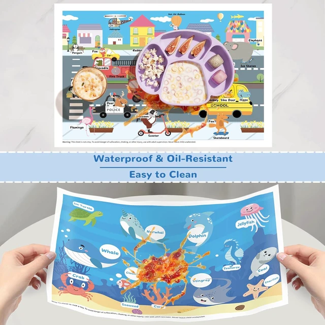 Alt view image 3 of 7 - Disposable Placemats for Baby Toddlers, Plastic Sticky Table Mats Babies for Restaurants, Parties, Preschool& Dining Table 5 Fun Designs Alphabet, Sea, Deep-Sea, Road, Zoo Animal,40 Pack 12x18 Inches