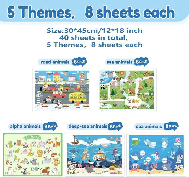 Alt view image 6 of 7 - Disposable Placemats for Baby Toddlers, Plastic Sticky Table Mats Babies for Restaurants, Parties, Preschool& Dining Table 5 Fun Designs Alphabet, Sea, Deep-Sea, Road, Zoo Animal,40 Pack 12x18 Inches