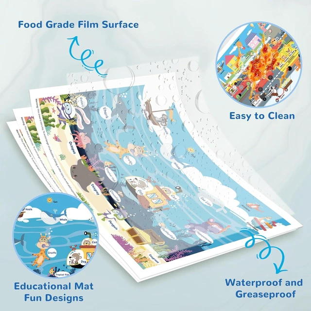 Alt view image 7 of 7 - Disposable Placemats for Baby Toddlers, Plastic Sticky Table Mats Babies for Restaurants, Parties, Preschool& Dining Table 5 Fun Designs Alphabet, Sea, Deep-Sea, Road, Zoo Animal,40 Pack 12x18 Inches