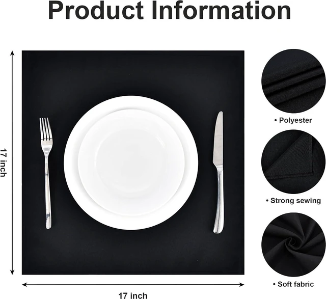 Alt view image 5 of 7 - Set of 4 Black Cloth Napkins 17 x 17 Inches Solid Washable Polyester Dinner Napkins with Hemmed Edges for Dinners Parties Weddings Banquets Events Table Decoration