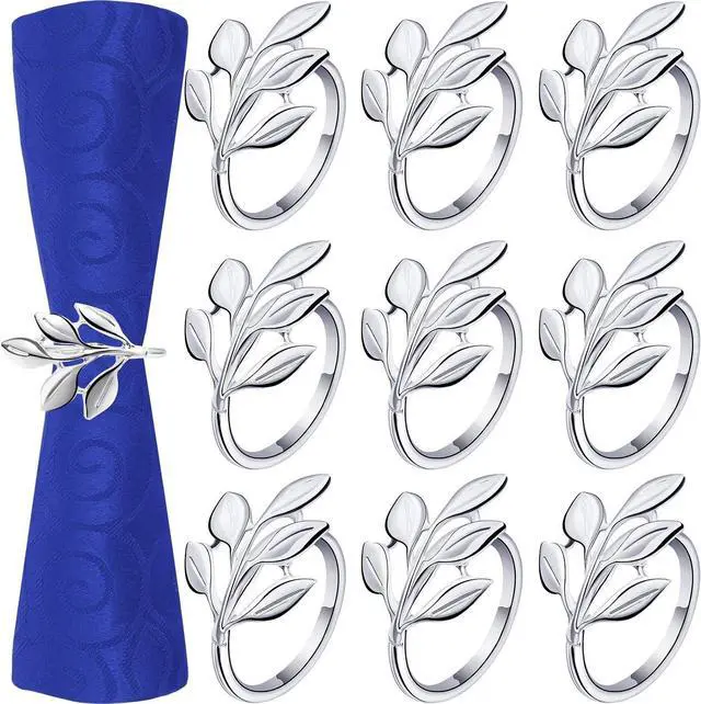 Main image of Set of 12 Leaf Napkin Rings Silver Metal Napkin Rings Holders Bulk with Elegant Leaf Shape for Vintage Wedding Bridal Thanksgiving Christmas Fall Festive Dinner Table Party Decoration Favors