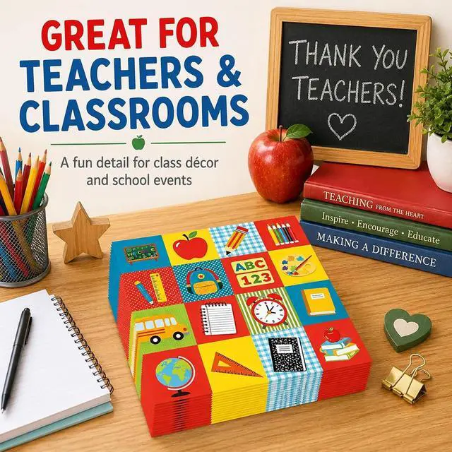 Alt view image 7 of 7 - 50 Pcs Back to School Paper Napkins 13 x 13 Inches, First Day of School Disposable Luncheon Dinner Party Napkins for Preschool Kindergarten Teacher Classroom Decorations (School)