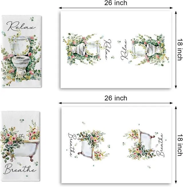 Alt view image 2 of 6 - Watercolor Floral Bathroom Dish Towels Set of 2, Toilet Bathtub Flower Eucalyptus Leaves Drying Hand Towel Baking Cooking Cloth, Relax Breath Botanical Plant Washroom Home Kitchen Decor18''x26''