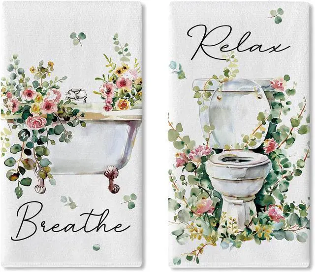 Main image of Watercolor Floral Bathroom Dish Towels Set of 2, Toilet Bathtub Flower Eucalyptus Leaves Drying Hand Towel Baking Cooking Cloth, Relax Breath Botanical Plant Washroom Home Kitchen Decor18''x26''