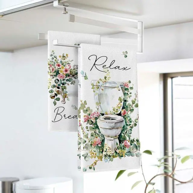 Alt view image 3 of 6 - Watercolor Floral Bathroom Dish Towels Set of 2, Toilet Bathtub Flower Eucalyptus Leaves Drying Hand Towel Baking Cooking Cloth, Relax Breath Botanical Plant Washroom Home Kitchen Decor18''x26''
