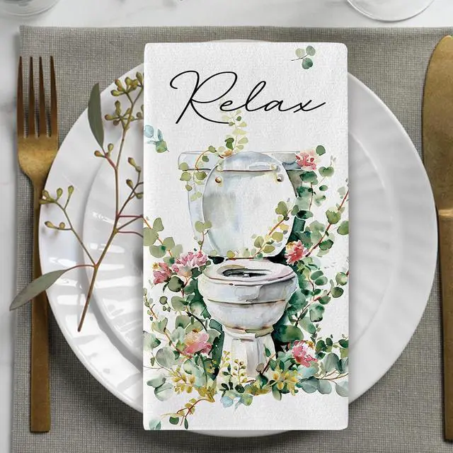 Alt view image 5 of 6 - Watercolor Floral Bathroom Dish Towels Set of 2, Toilet Bathtub Flower Eucalyptus Leaves Drying Hand Towel Baking Cooking Cloth, Relax Breath Botanical Plant Washroom Home Kitchen Decor18''x26''