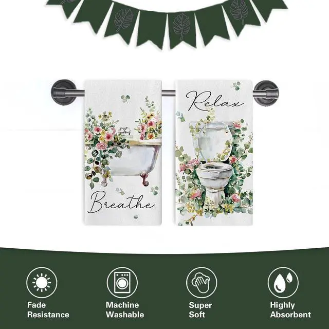 Alt view image 6 of 6 - Watercolor Floral Bathroom Dish Towels Set of 2, Toilet Bathtub Flower Eucalyptus Leaves Drying Hand Towel Baking Cooking Cloth, Relax Breath Botanical Plant Washroom Home Kitchen Decor18''x26''