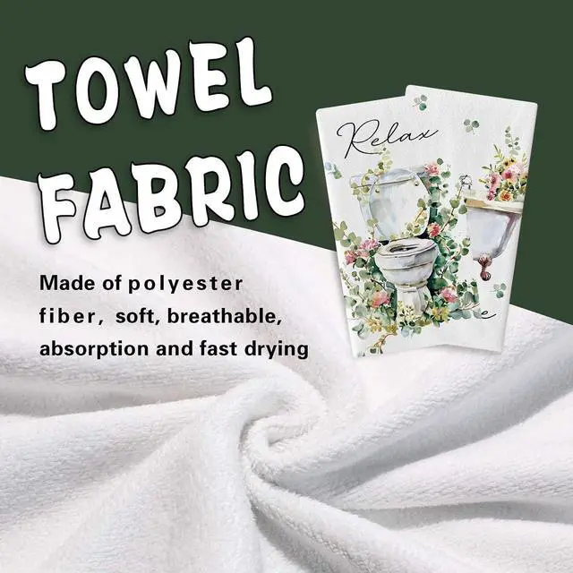 Alt view image 4 of 6 - Watercolor Floral Bathroom Dish Towels Set of 2, Toilet Bathtub Flower Eucalyptus Leaves Drying Hand Towel Baking Cooking Cloth, Relax Breath Botanical Plant Washroom Home Kitchen Decor18''x26''
