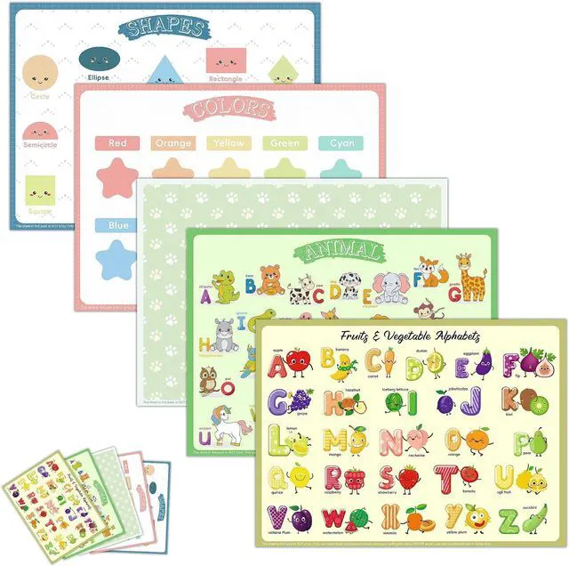 Main image of Disposable Placemats for Baby Kids Placemats for Restaurants Dining Table, Sticky Disposable Placemats for Toddlers - Animal, Fruit, Alphabet, Star, and Shape Designs, 40-Pack, 12x16 Inches