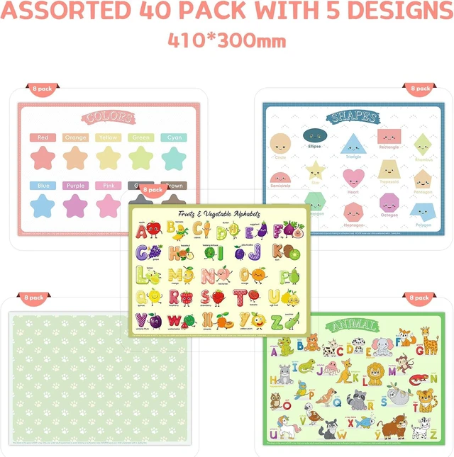 Alt view image 3 of 6 - Disposable Placemats for Baby Kids Placemats for Restaurants Dining Table, Sticky Disposable Placemats for Toddlers - Animal, Fruit, Alphabet, Star, and Shape Designs, 40-Pack, 12x16 Inches