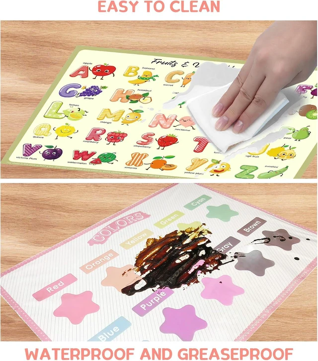 Alt view image 4 of 6 - Disposable Placemats for Baby Kids Placemats for Restaurants Dining Table, Sticky Disposable Placemats for Toddlers - Animal, Fruit, Alphabet, Star, and Shape Designs, 40-Pack, 12x16 Inches