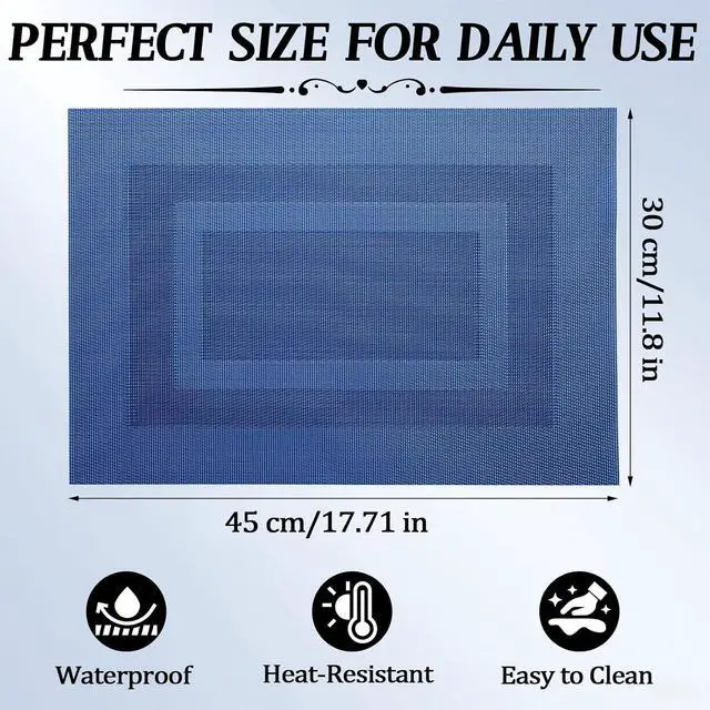 Alt view image 2 of 7 - Blue Placemats Set of 4, Heat Resistant Non-Slip Place Mats, Durable Washable PVC Vinyl Woven Table Mats, Wipeable Placemats for Dining Table Easy to Clean